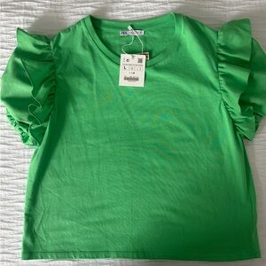 Zara womens Green Ruffle Sleeve Top